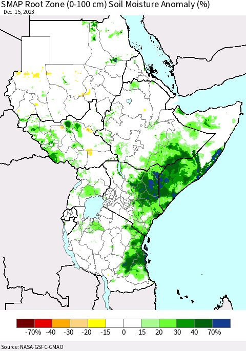 Eastern Africa SMAP Root Zone (0-100 cm) Soil Moisture Anomaly (%) Thematic Map For 12/11/2023 - 12/15/2023