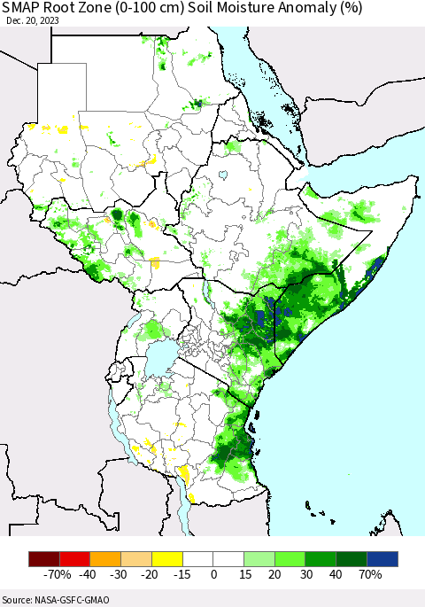 Eastern Africa SMAP Root Zone (0-100 cm) Soil Moisture Anomaly (%) Thematic Map For 12/16/2023 - 12/20/2023