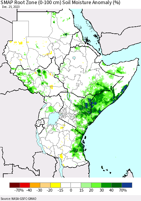 Eastern Africa SMAP Root Zone (0-100 cm) Soil Moisture Anomaly (%) Thematic Map For 12/21/2023 - 12/25/2023