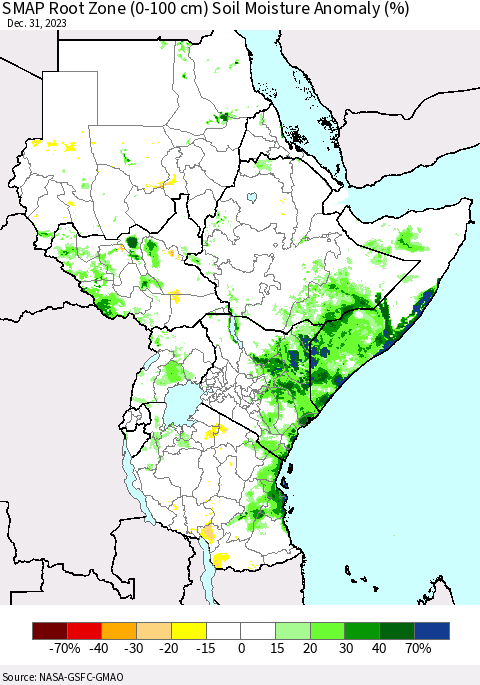 Eastern Africa SMAP Root Zone (0-100 cm) Soil Moisture Anomaly (%) Thematic Map For 12/26/2023 - 12/31/2023