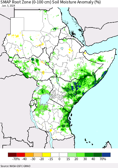 Eastern Africa SMAP Root Zone (0-100 cm) Soil Moisture Anomaly (%) Thematic Map For 1/1/2024 - 1/5/2024