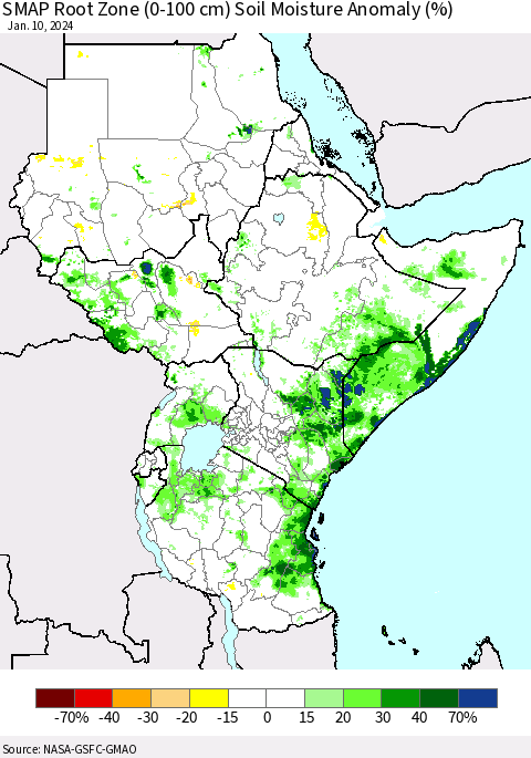 Eastern Africa SMAP Root Zone (0-100 cm) Soil Moisture Anomaly (%) Thematic Map For 1/6/2024 - 1/10/2024