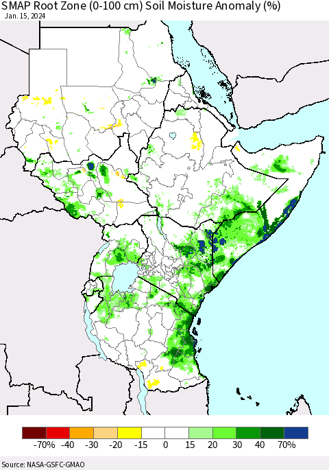 Eastern Africa SMAP Root Zone (0-100 cm) Soil Moisture Anomaly (%) Thematic Map For 1/11/2024 - 1/15/2024