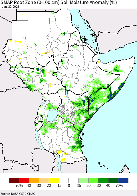 Eastern Africa SMAP Root Zone (0-100 cm) Soil Moisture Anomaly (%) Thematic Map For 1/16/2024 - 1/20/2024