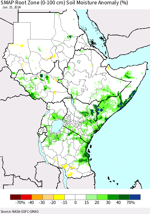 Eastern Africa SMAP Root Zone (0-100 cm) Soil Moisture Anomaly (%) Thematic Map For 1/21/2024 - 1/25/2024
