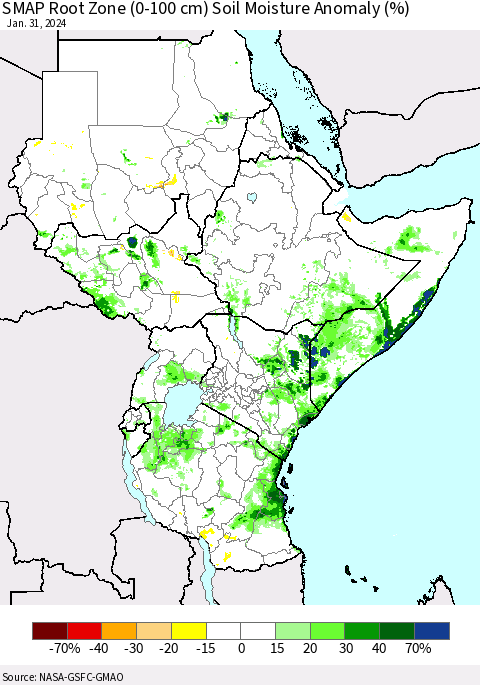 Eastern Africa SMAP Root Zone (0-100 cm) Soil Moisture Anomaly (%) Thematic Map For 1/26/2024 - 1/31/2024