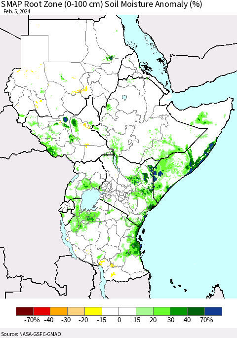 Eastern Africa SMAP Root Zone (0-100 cm) Soil Moisture Anomaly (%) Thematic Map For 2/1/2024 - 2/5/2024