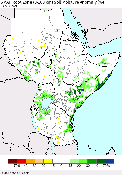 Eastern Africa SMAP Root Zone (0-100 cm) Soil Moisture Anomaly (%) Thematic Map For 2/6/2024 - 2/10/2024