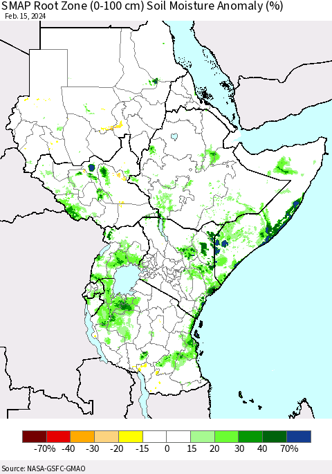 Eastern Africa SMAP Root Zone (0-100 cm) Soil Moisture Anomaly (%) Thematic Map For 2/11/2024 - 2/15/2024
