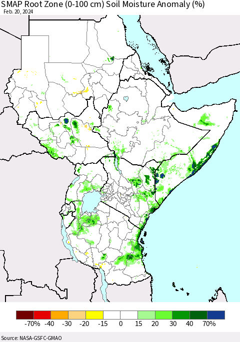 Eastern Africa SMAP Root Zone (0-100 cm) Soil Moisture Anomaly (%) Thematic Map For 2/16/2024 - 2/20/2024