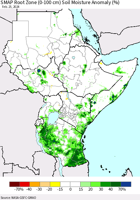 Eastern Africa SMAP Root Zone (0-100 cm) Soil Moisture Anomaly (%) Thematic Map For 2/21/2024 - 2/25/2024