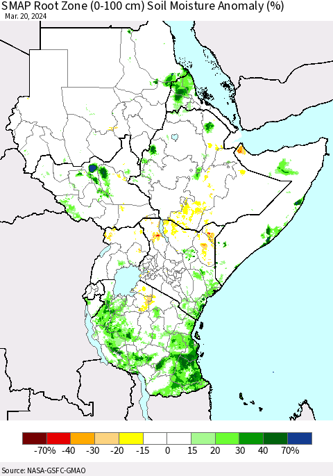 Eastern Africa SMAP Root Zone (0-100 cm) Soil Moisture Anomaly (%) Thematic Map For 3/16/2024 - 3/20/2024
