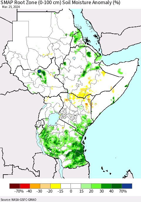 Eastern Africa SMAP Root Zone (0-100 cm) Soil Moisture Anomaly (%) Thematic Map For 3/21/2024 - 3/25/2024