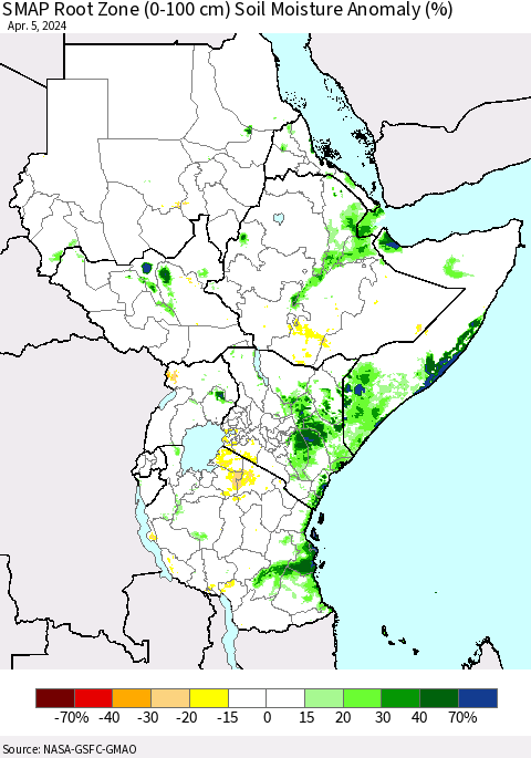 Eastern Africa SMAP Root Zone (0-100 cm) Soil Moisture Anomaly (%) Thematic Map For 4/1/2024 - 4/5/2024