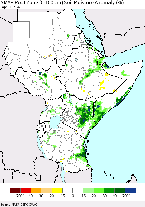 Eastern Africa SMAP Root Zone (0-100 cm) Soil Moisture Anomaly (%) Thematic Map For 4/6/2024 - 4/10/2024