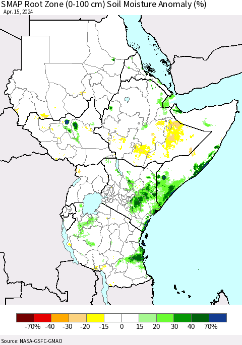 Eastern Africa SMAP Root Zone (0-100 cm) Soil Moisture Anomaly (%) Thematic Map For 4/11/2024 - 4/15/2024