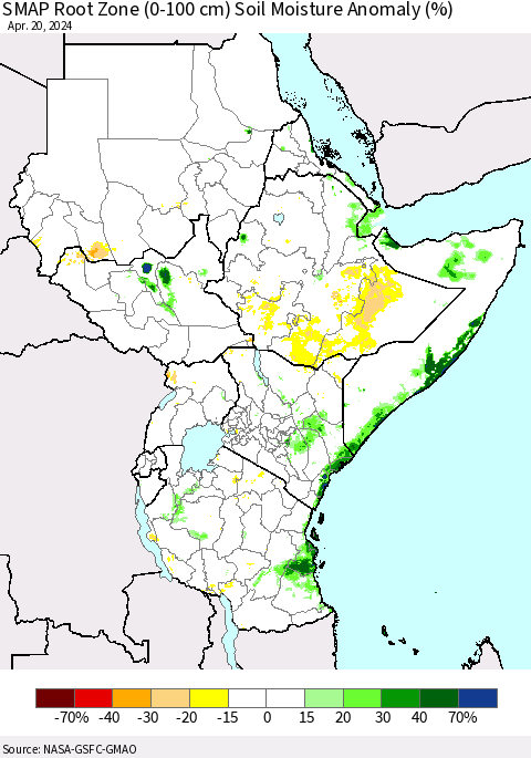 Eastern Africa SMAP Root Zone (0-100 cm) Soil Moisture Anomaly (%) Thematic Map For 4/16/2024 - 4/20/2024