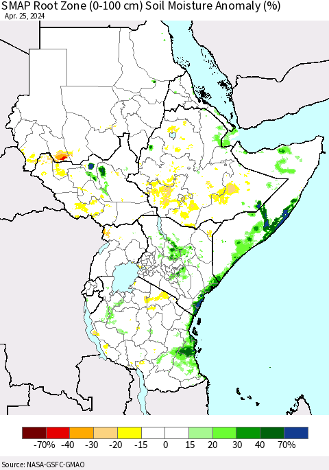 Eastern Africa SMAP Root Zone (0-100 cm) Soil Moisture Anomaly (%) Thematic Map For 4/21/2024 - 4/25/2024