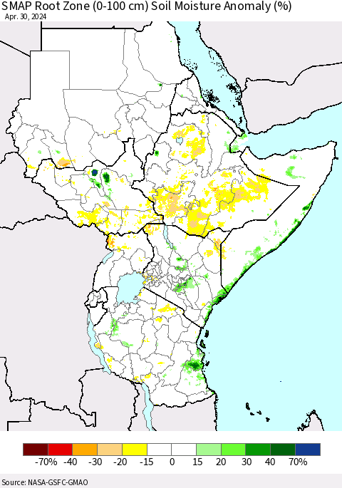Eastern Africa SMAP Root Zone (0-100 cm) Soil Moisture Anomaly (%) Thematic Map For 4/26/2024 - 4/30/2024