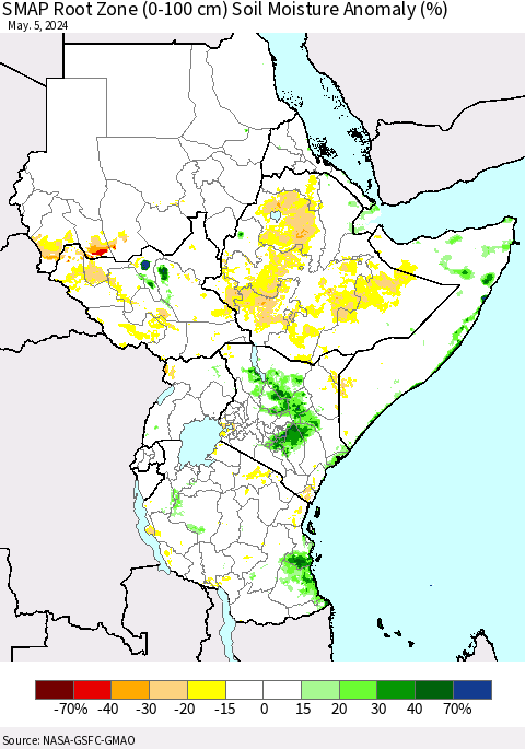 Eastern Africa SMAP Root Zone (0-100 cm) Soil Moisture Anomaly (%) Thematic Map For 5/1/2024 - 5/5/2024