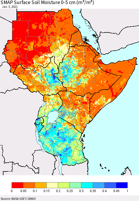 Eastern Africa SMAP Surface (0-5 cm) Soil Moisture (m³/m³) Thematic Map For 1/1/2021 - 1/5/2021