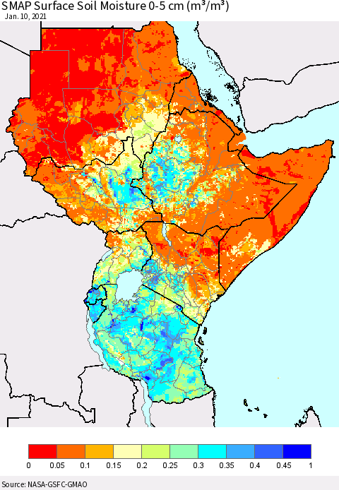 Eastern Africa SMAP Surface (0-5 cm) Soil Moisture (m³/m³) Thematic Map For 1/6/2021 - 1/10/2021
