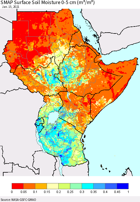 Eastern Africa SMAP Surface (0-5 cm) Soil Moisture (m³/m³) Thematic Map For 1/11/2021 - 1/15/2021