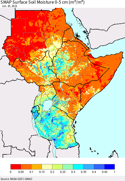 Eastern Africa SMAP Surface (0-5 cm) Soil Moisture (m³/m³) Thematic Map For 1/16/2021 - 1/20/2021