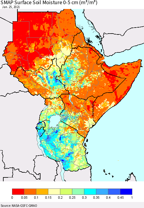 Eastern Africa SMAP Surface (0-5 cm) Soil Moisture (m³/m³) Thematic Map For 1/21/2021 - 1/25/2021