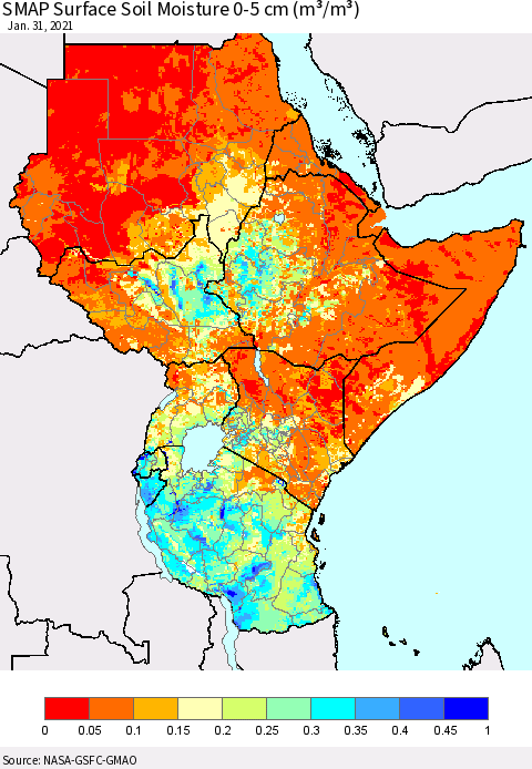 Eastern Africa SMAP Surface (0-5 cm) Soil Moisture (m³/m³) Thematic Map For 1/26/2021 - 1/31/2021