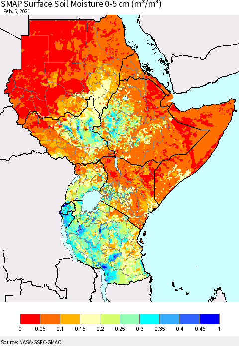 Eastern Africa SMAP Surface (0-5 cm) Soil Moisture (m³/m³) Thematic Map For 2/1/2021 - 2/5/2021