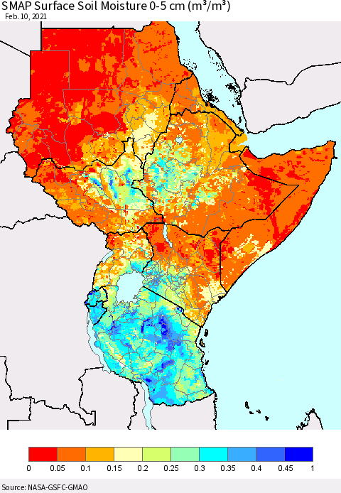 Eastern Africa SMAP Surface (0-5 cm) Soil Moisture (m³/m³) Thematic Map For 2/6/2021 - 2/10/2021
