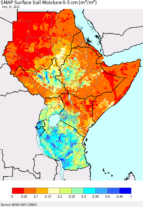 Eastern Africa SMAP Surface (0-5 cm) Soil Moisture (m³/m³) Thematic Map For 2/11/2021 - 2/15/2021