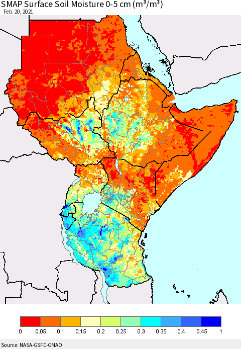 Eastern Africa SMAP Surface (0-5 cm) Soil Moisture (m³/m³) Thematic Map For 2/16/2021 - 2/20/2021