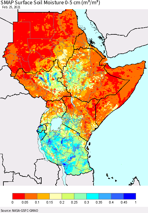 Eastern Africa SMAP Surface (0-5 cm) Soil Moisture (m³/m³) Thematic Map For 2/21/2021 - 2/25/2021
