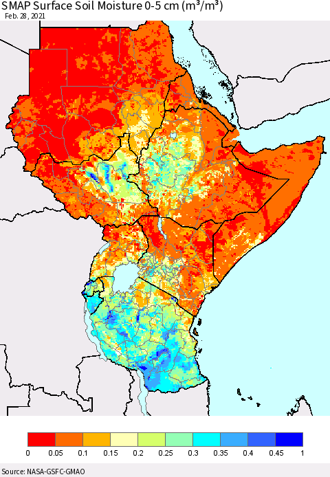 Eastern Africa SMAP Surface (0-5 cm) Soil Moisture (m³/m³) Thematic Map For 2/26/2021 - 2/28/2021