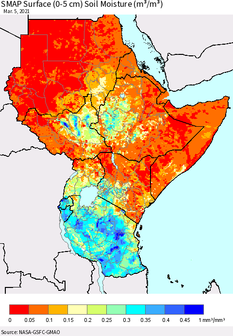 Eastern Africa SMAP Surface (0-5 cm) Soil Moisture (m³/m³) Thematic Map For 3/1/2021 - 3/5/2021