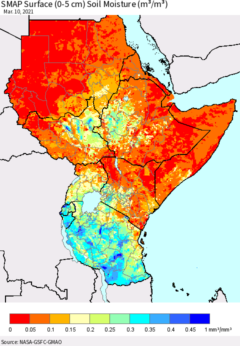 Eastern Africa SMAP Surface (0-5 cm) Soil Moisture (m³/m³) Thematic Map For 3/6/2021 - 3/10/2021