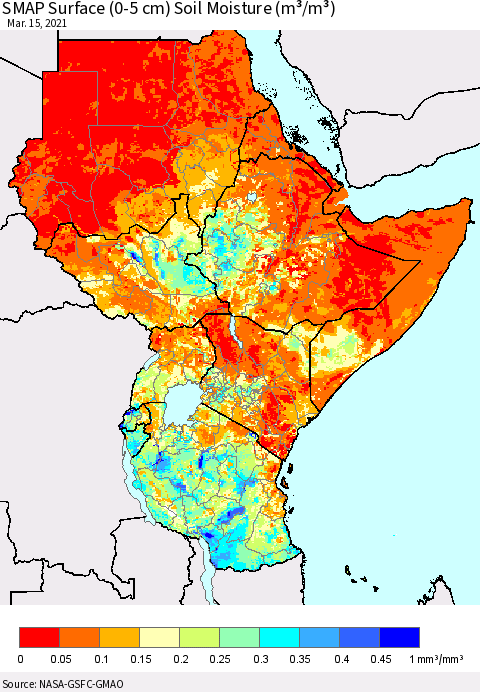 Eastern Africa SMAP Surface (0-5 cm) Soil Moisture (m³/m³) Thematic Map For 3/11/2021 - 3/15/2021