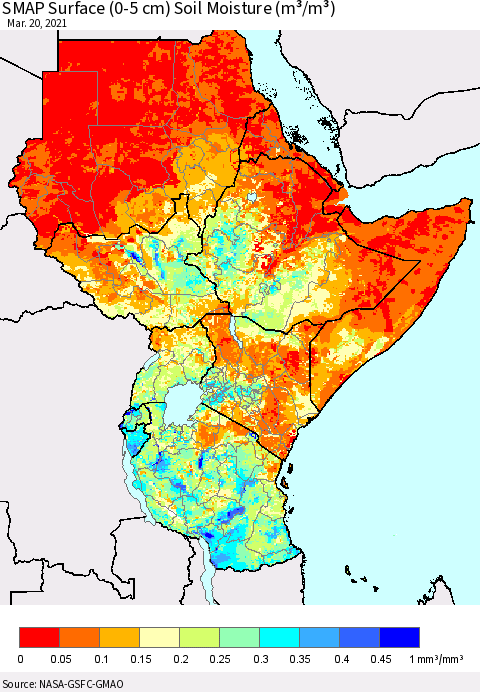 Eastern Africa SMAP Surface (0-5 cm) Soil Moisture (m³/m³) Thematic Map For 3/16/2021 - 3/20/2021