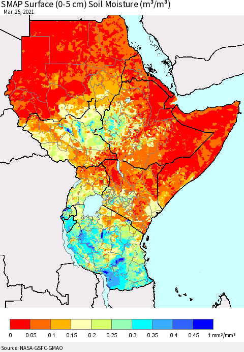 Eastern Africa SMAP Surface (0-5 cm) Soil Moisture (m³/m³) Thematic Map For 3/21/2021 - 3/25/2021