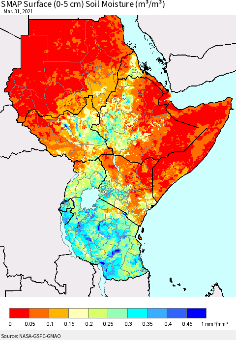 Eastern Africa SMAP Surface (0-5 cm) Soil Moisture (m³/m³) Thematic Map For 3/26/2021 - 3/31/2021