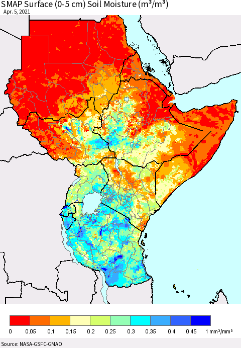 Eastern Africa SMAP Surface (0-5 cm) Soil Moisture (m³/m³) Thematic Map For 4/1/2021 - 4/5/2021