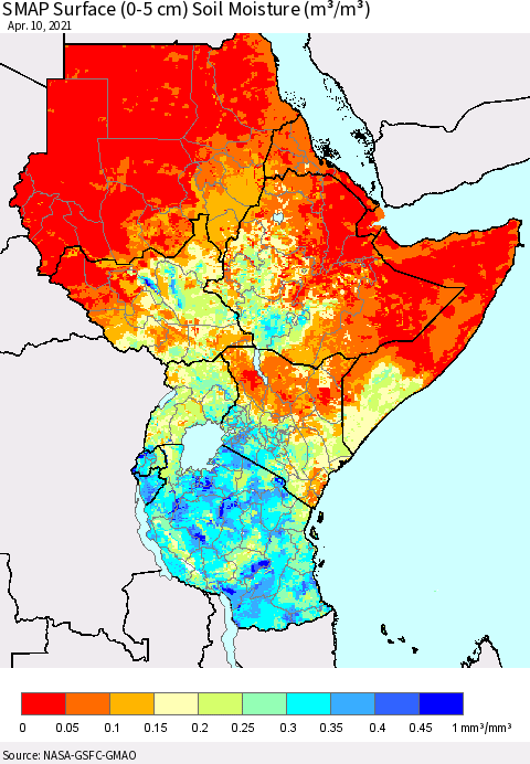 Eastern Africa SMAP Surface (0-5 cm) Soil Moisture (m³/m³) Thematic Map For 4/6/2021 - 4/10/2021