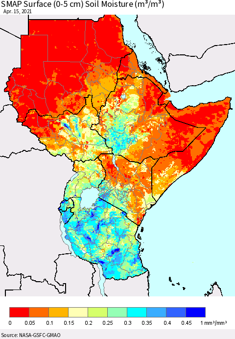 Eastern Africa SMAP Surface (0-5 cm) Soil Moisture (m³/m³) Thematic Map For 4/11/2021 - 4/15/2021