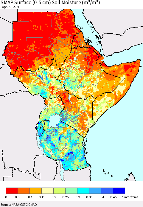 Eastern Africa SMAP Surface (0-5 cm) Soil Moisture (m³/m³) Thematic Map For 4/16/2021 - 4/20/2021