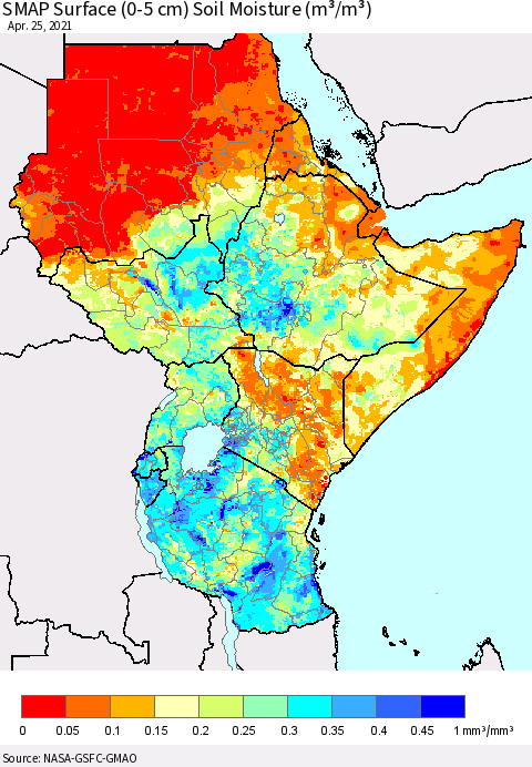 Eastern Africa SMAP Surface (0-5 cm) Soil Moisture (m³/m³) Thematic Map For 4/21/2021 - 4/25/2021