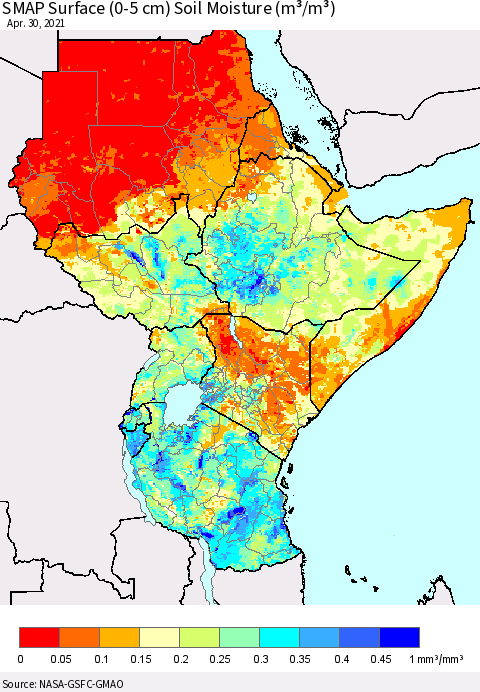 Eastern Africa SMAP Surface (0-5 cm) Soil Moisture (m³/m³) Thematic Map For 4/26/2021 - 4/30/2021