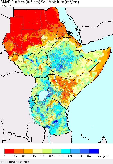 Eastern Africa SMAP Surface (0-5 cm) Soil Moisture (m³/m³) Thematic Map For 5/1/2021 - 5/5/2021