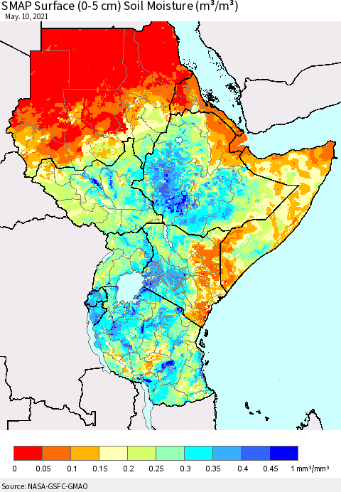 Eastern Africa SMAP Surface (0-5 cm) Soil Moisture (m³/m³) Thematic Map For 5/6/2021 - 5/10/2021